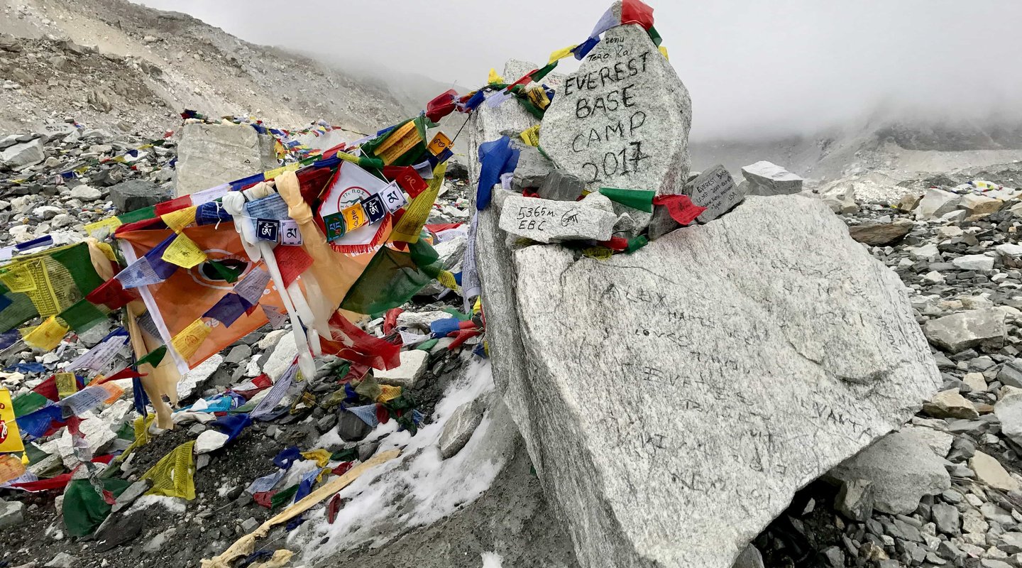 Everest Base Camp with colorful prayer flags and snowy peaks