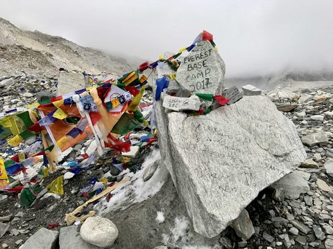 Everest Base Camp with colorful prayer flags and snowy peaks