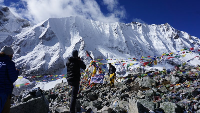 "Manaslu glacier ice formations visible from high-altitude section of circuit trek"
