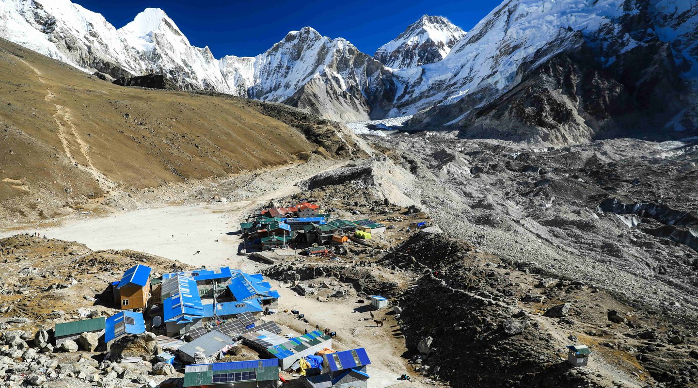 A panoramic view of Gorak Shep village along the Everest Base Camp trek route, with snow-capped Himalayan peaks and glaciers in the background under a clear blue sky