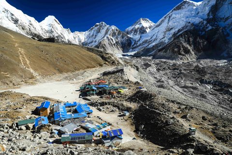 A panoramic view of Gorak Shep village along the Everest Base Camp trek route, with snow-capped Himalayan peaks and glaciers in the background under a clear blue sky