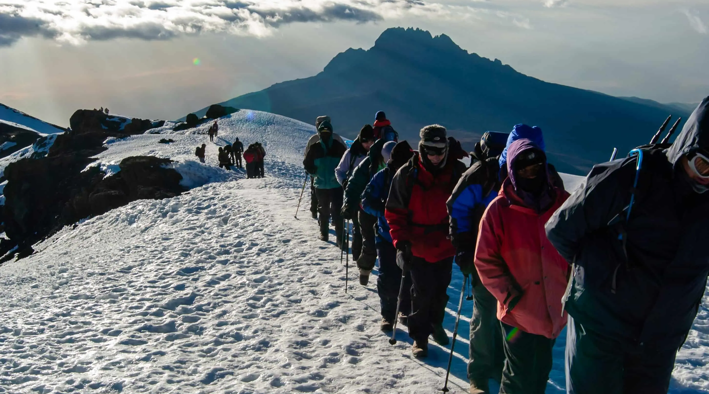 People hiking up Mount Kilimanjaro on a steep trail with rocky terrain and high-altitude landscape
