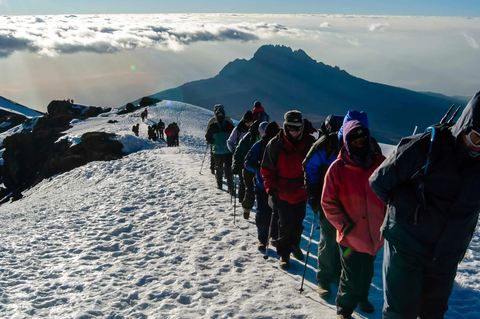 People hiking up Mount Kilimanjaro on a steep trail with rocky terrain and high-altitude landscape
