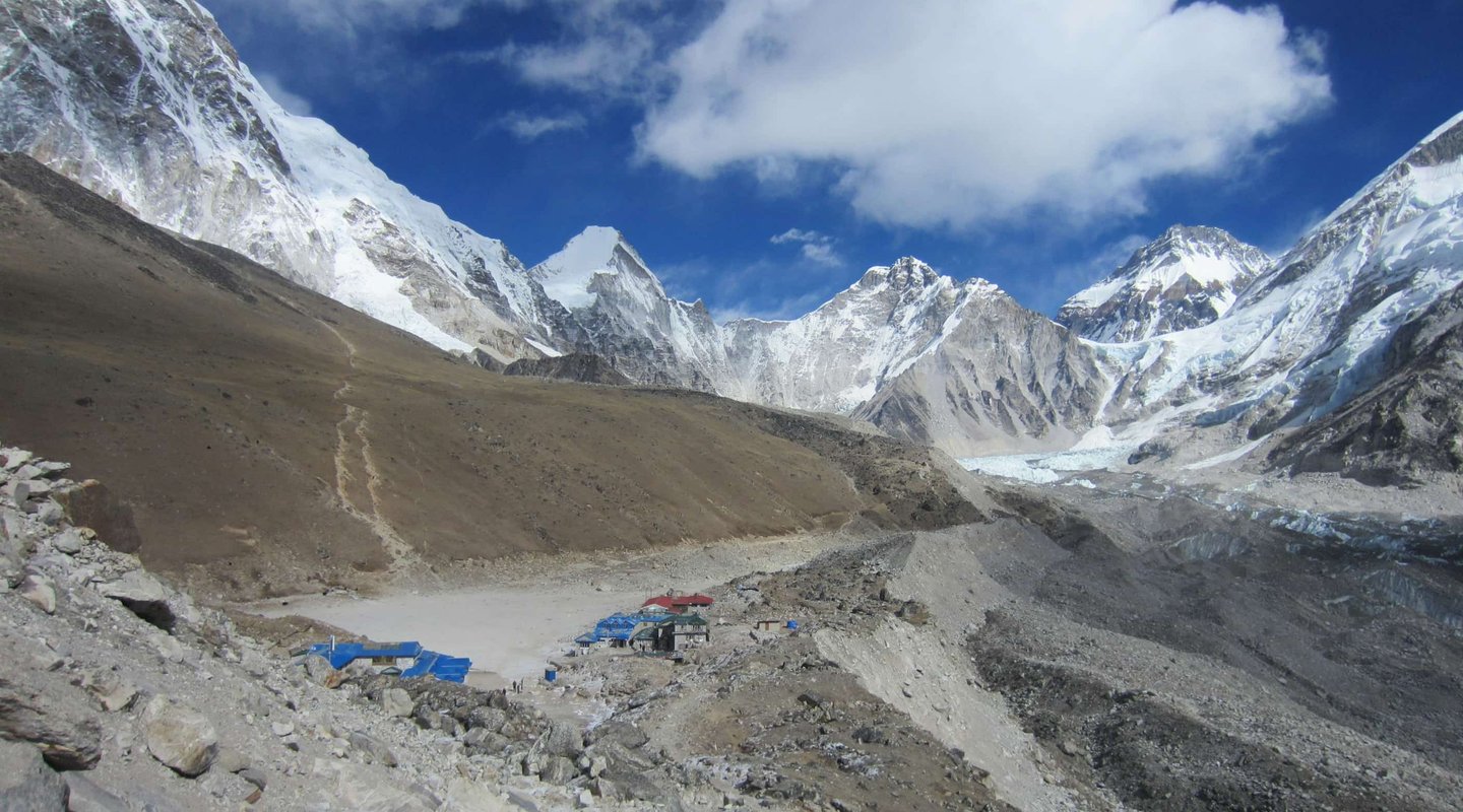 “View of Everest Base Camp with surrounding snow-capped Himalayan peaks, rocky trails, and teahouse settlements along the Khumbu Valley during the Everest Base Camp trek by road.”