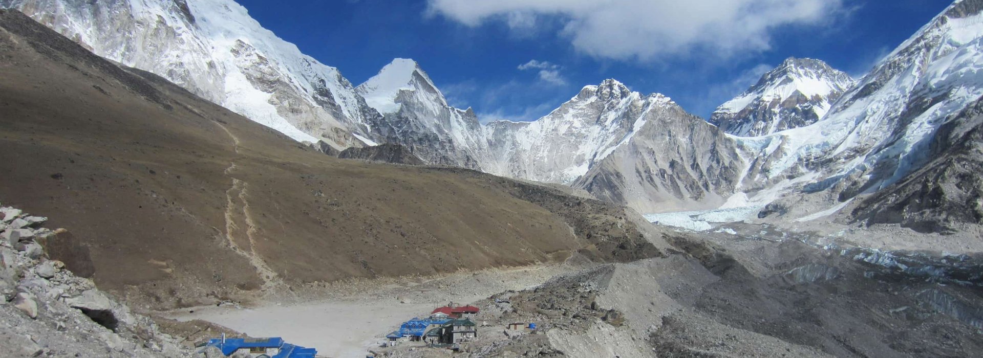 “View of Everest Base Camp with surrounding snow-capped Himalayan peaks, rocky trails, and teahouse settlements along the Khumbu Valley during the Everest Base Camp trek by road.”