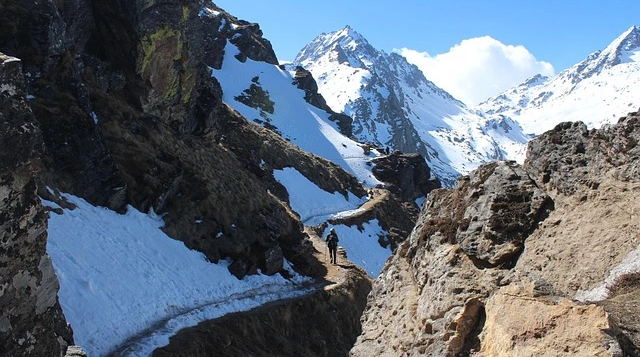 Trekking trail in the Langtang Helambu region with snow-covered mountains and a narrow high-altitude path