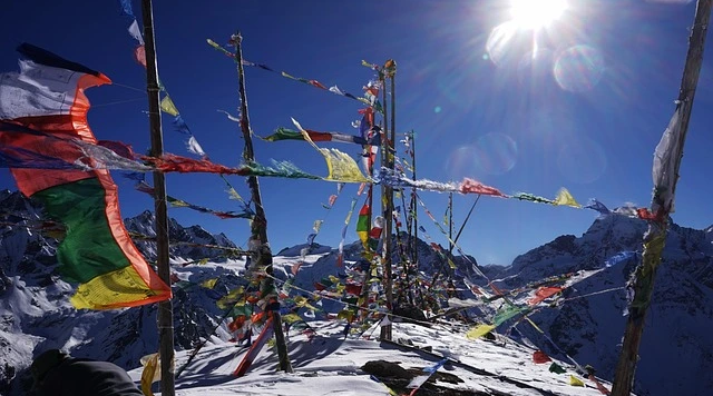 Colorful Buddhist prayer flags with snow-capped Langtang Lirung mountain in Langtang Valley, Nepal