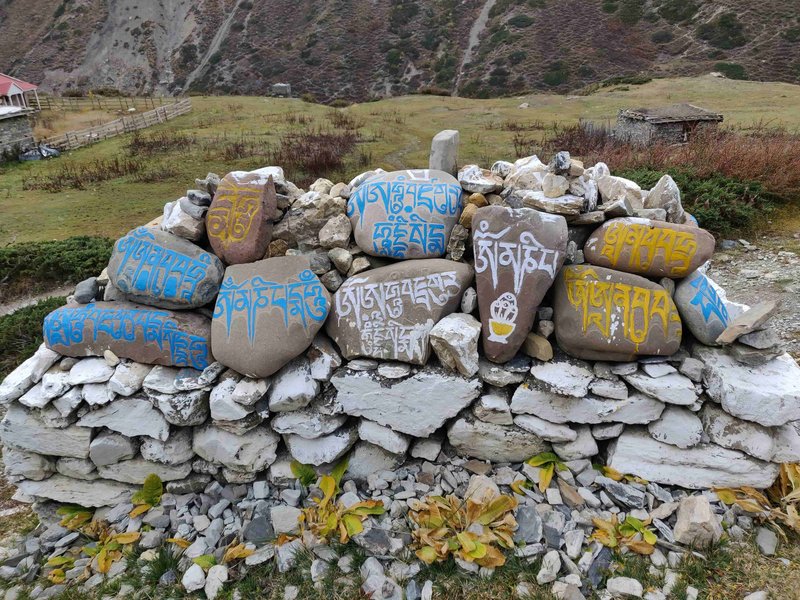 Buddhist prayer mantra carved on stone along the North Annapurna Base Camp route