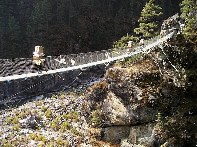 Hanging suspension bridge with prayer flags on the Everest Base Camp trail in the Khumbu region of Nepal