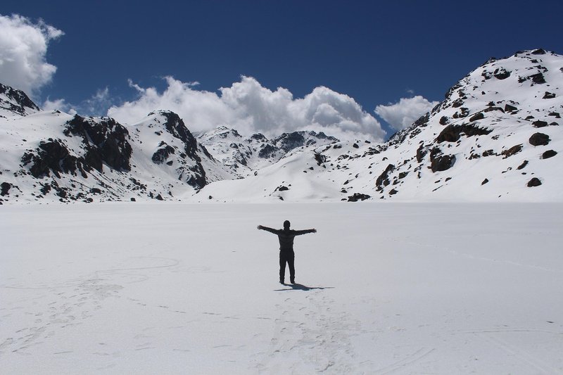 "Sunrise over the Langtang Valley with misty peaks and a clear blue sky enhancing the Himalayan panorama."