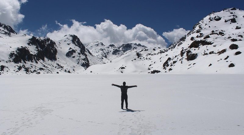 trekker posing in front of langtang valley mountains nepal