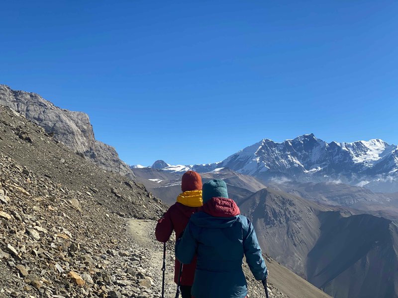 Adventure hikers on Annapurna Circuit trek in Marsyangdi valley Nepal