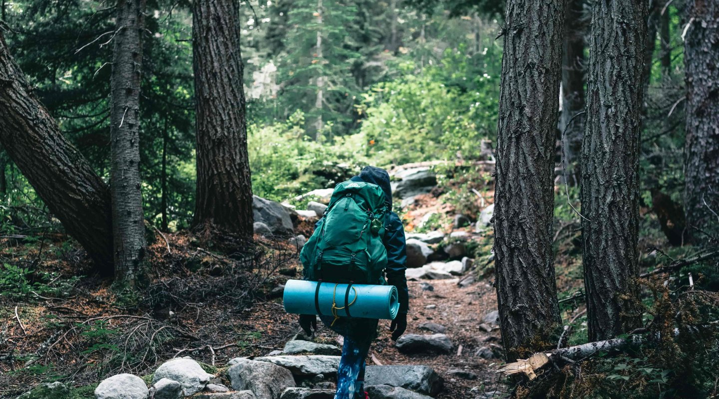 Trekker carrying backpack with trekking gear on the North Annapurna Base Camp trekking trail