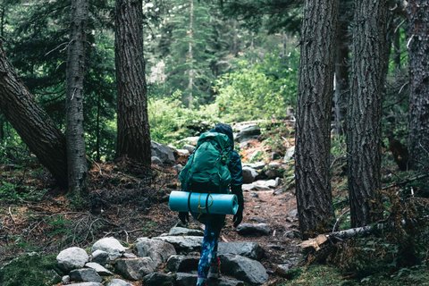 Trekker carrying backpack with trekking gear on the North Annapurna Base Camp trekking trail