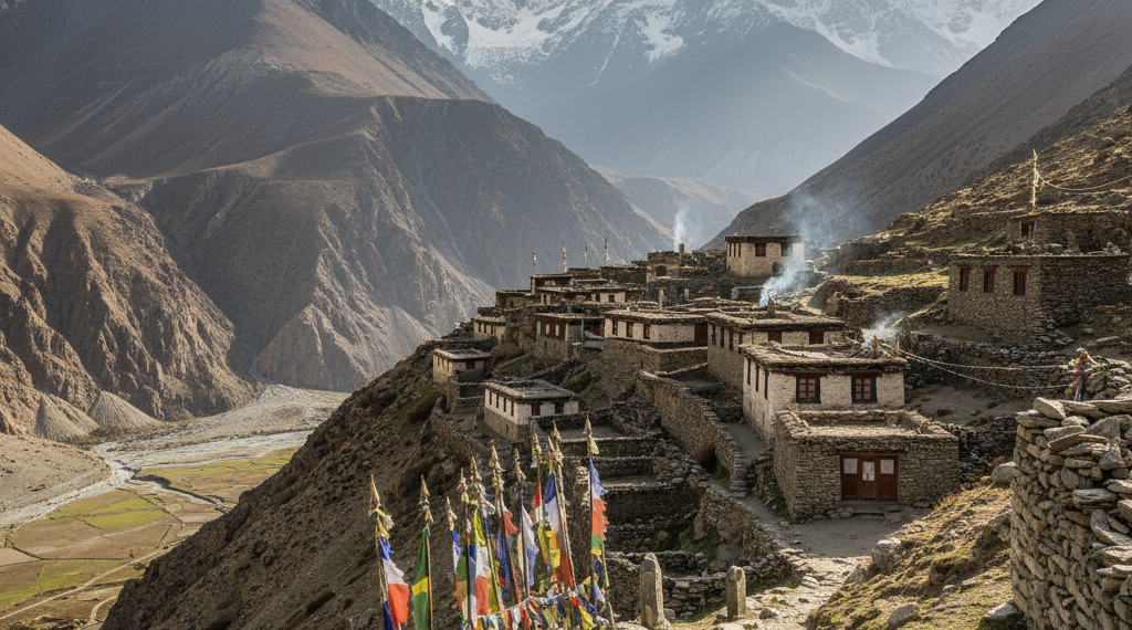View of Nar Phu village nestled in a valley, with traditional stone houses built into the hillside, smoke rising from chimneys, prayer flags, and towering snow-capped Himalayan mountains in the background under a partly cloudy sky