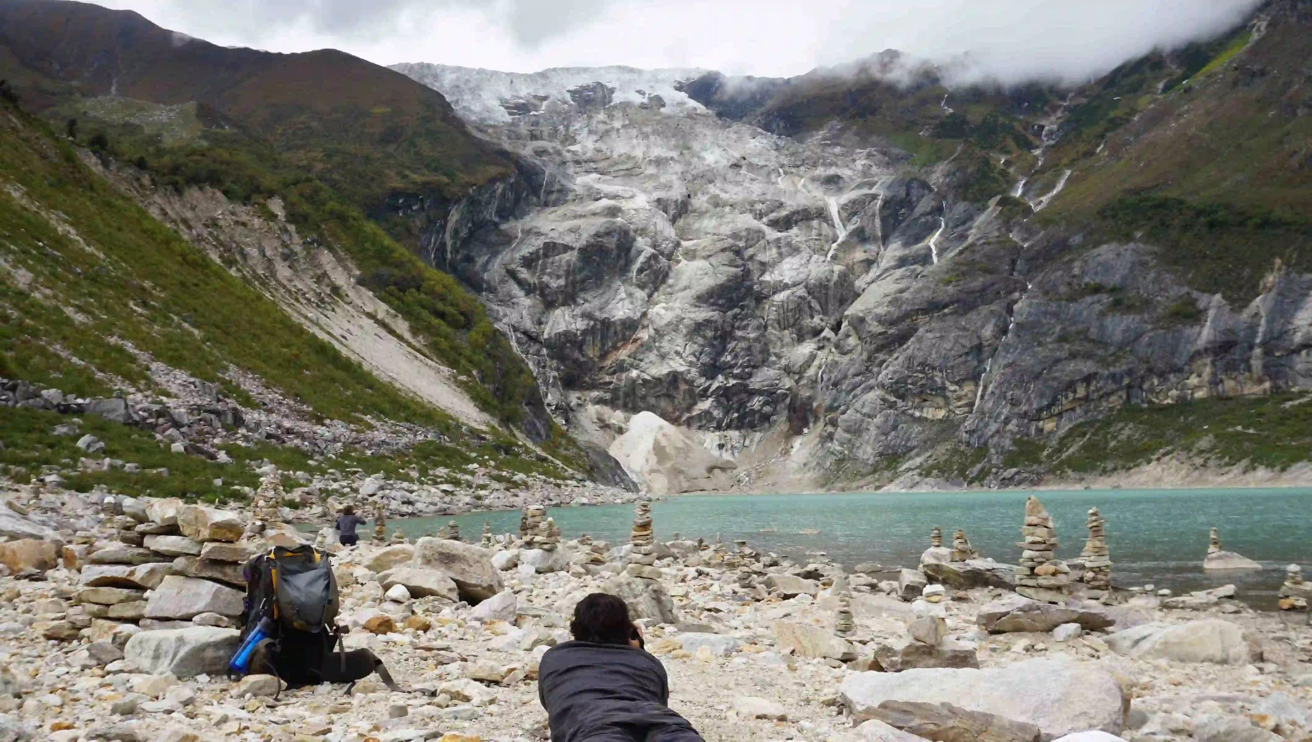 "Foggy mountain views  before Larkya La Pass crossing"