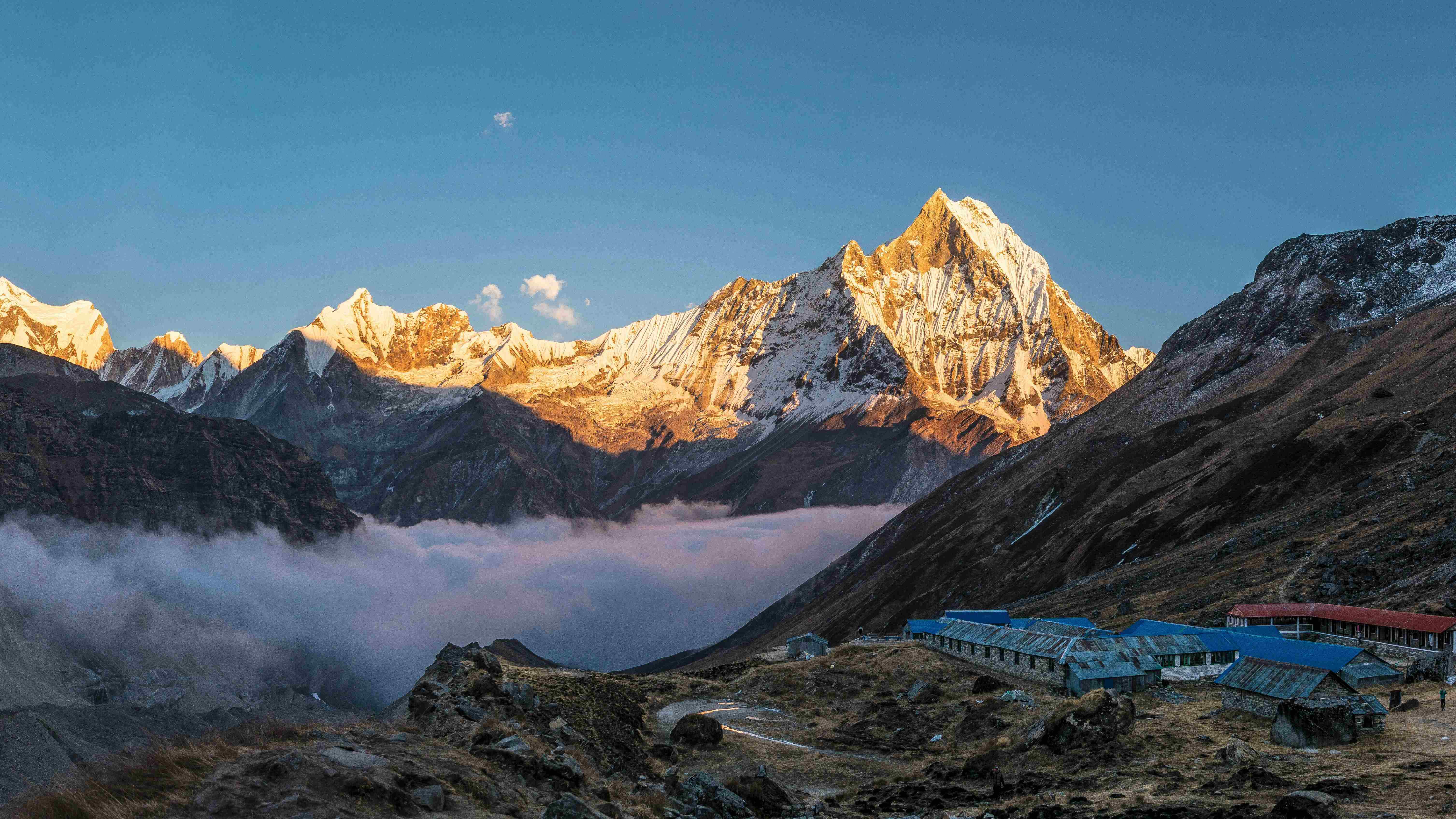 view of Machhapuchhre and Annapurna range on Annapurna Base Camp trek with prayer flags foreground”